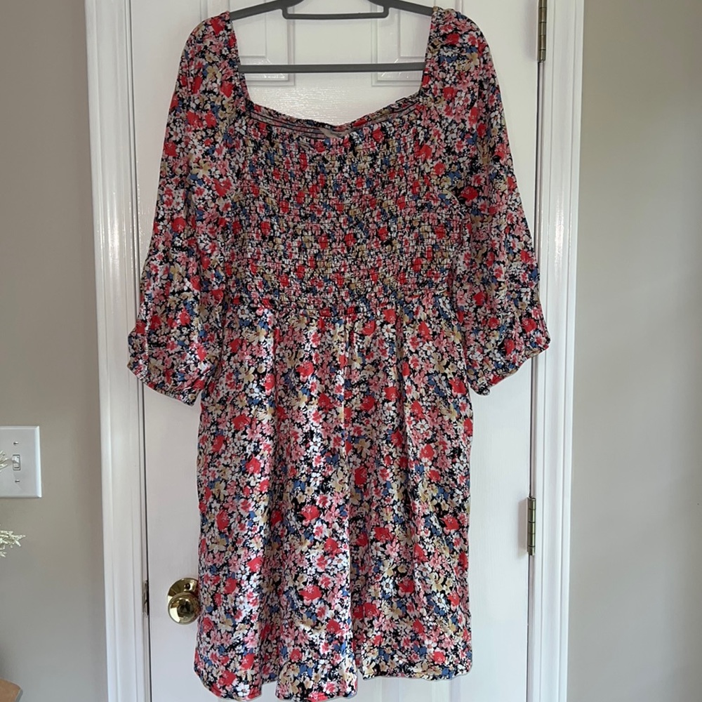 Smocked Bodice Fit and Flare 3/4 Bubble Sleeve Midi Dress